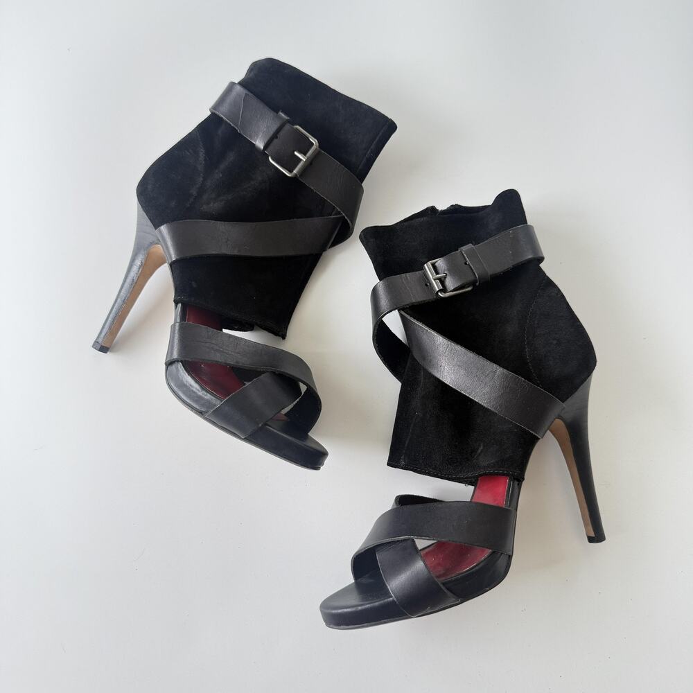 Max Studio Heel Shoes Womens Size 7.5 Black Suede Strappy Ankle Zip Stiletto